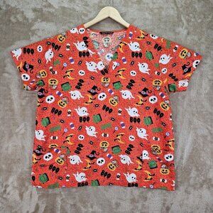 Cassandra O V-Neck Scrub Women's Sz 2XL Orange Halloween Boo Spider Bats Lantern